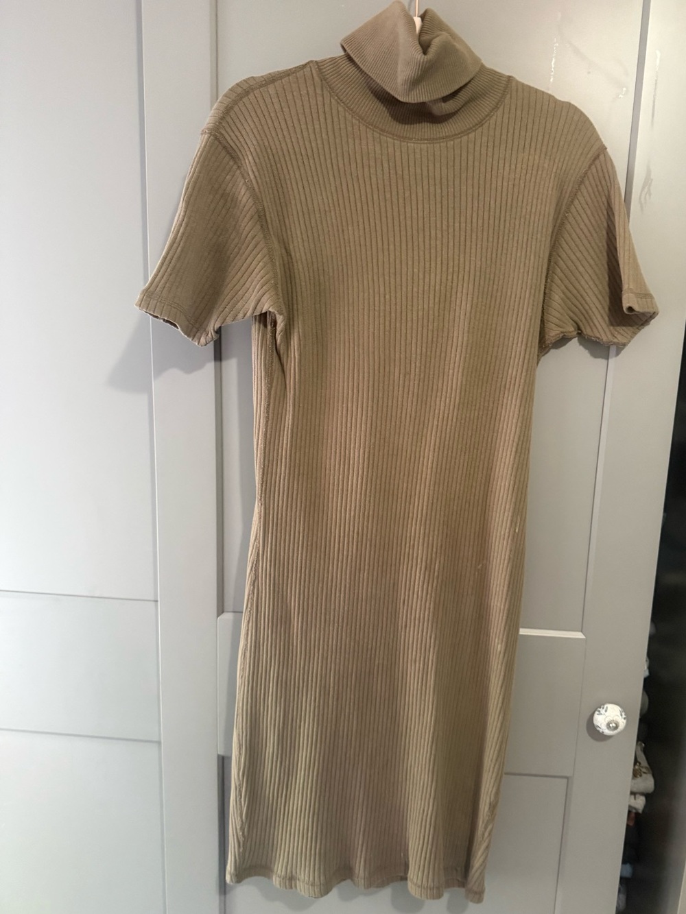 Ralph Lauren Taupe Ribbed Short-Sleeve Turtleneck Midi Dress